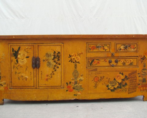描彩三抽二門連體|chinese antique cabinet