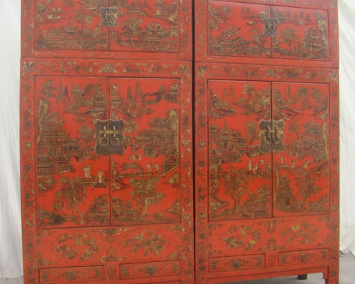 描金頂箱大柜|Red compound cabinet with tracing a design in gold