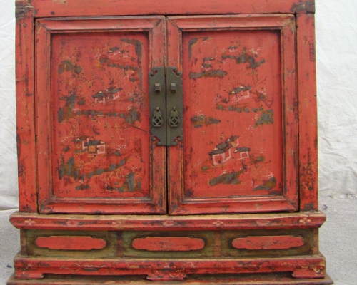 描彩二門座箱|chinese antique trunk
