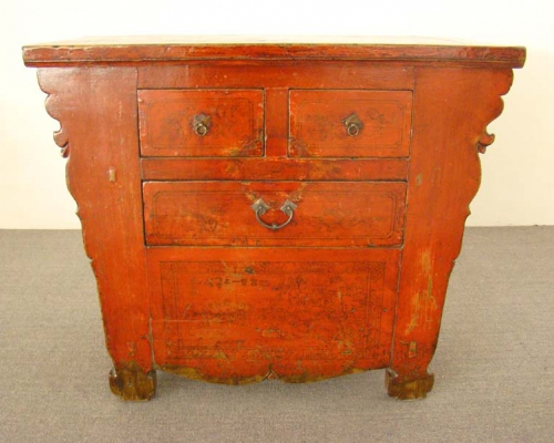 紅描彩三抽桌|red depicting a color table with three drawers