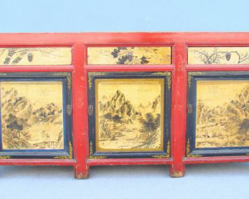 描彩三抽三門柜|painted cabinet