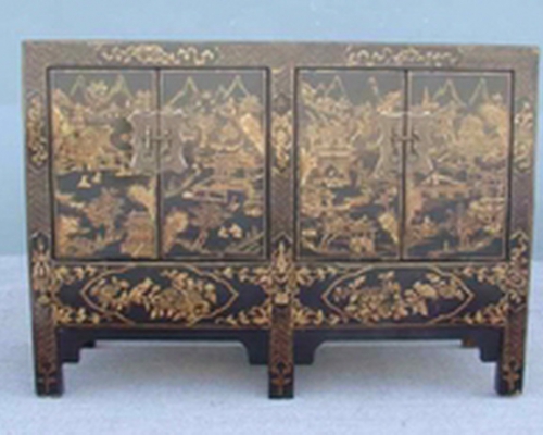 黑描金四門柜工廠|Small black cabinet with tracing a design in gold