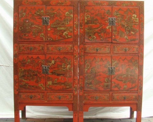 紅描金書柜|red depicting a color small siamese chest