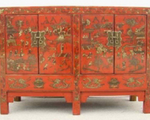 紅描金四門柜工廠|red depicting a color small siamese chest