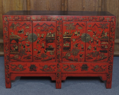 紅描金四門柜工廠|red depicting a color small siamese chest