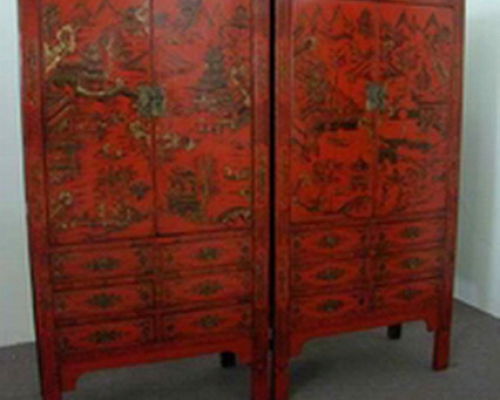 紅描金書柜|red depicting a color small siamese chest