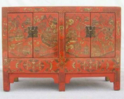 紅描金連二柜工廠|red depicting a color small siamese chest with two gates