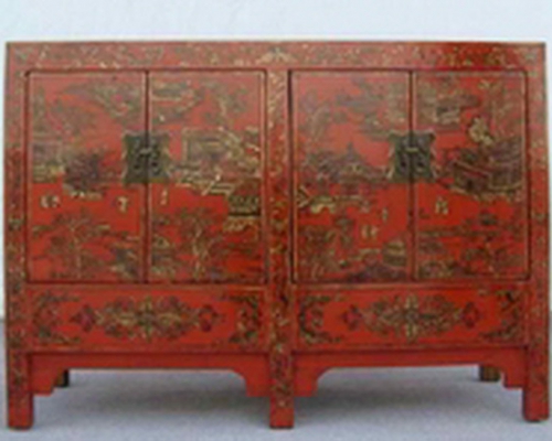 紅描金四門柜工廠|red depicting a color small siamese chest with two gates