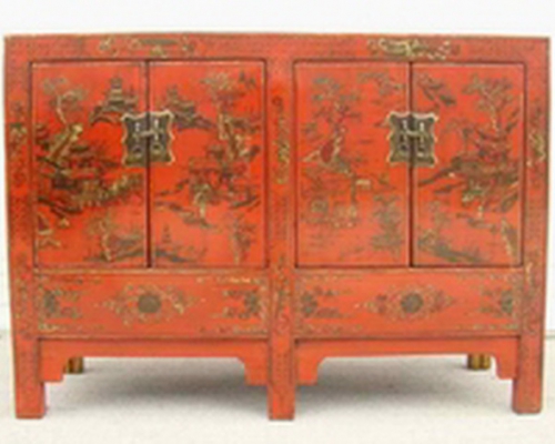紅描金四門柜工廠|red depicting a color small siamese chest with two gates