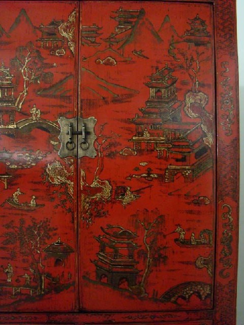 紅描金書柜|red depicting a color small siamese chest