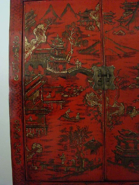 紅描金書柜|red depicting a color small siamese chest