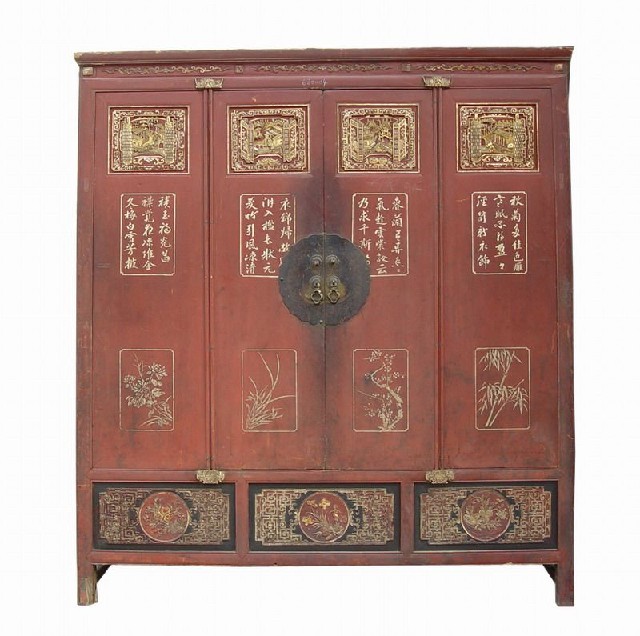 紅描金雕花大柜|Red & gilt big cabinet