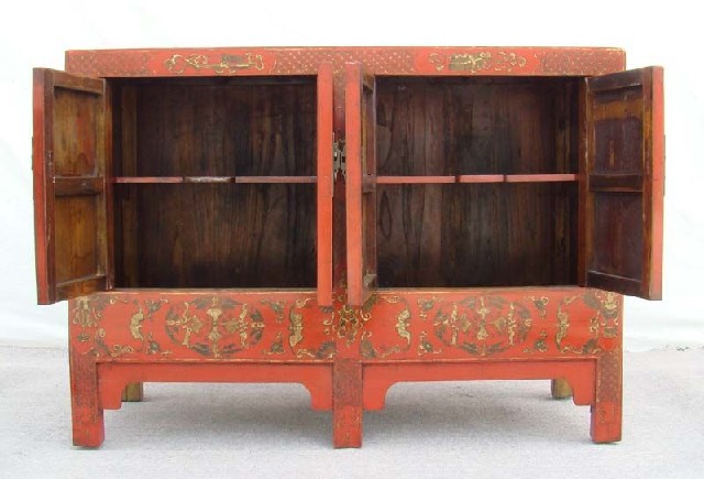 紅描金連二柜工廠|red depicting a color small siamese chest with two gates
