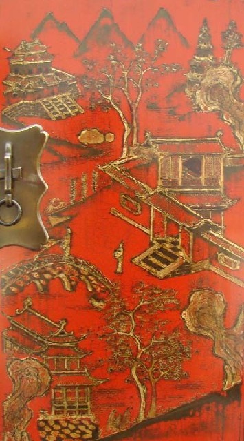 紅描金連二柜工廠|red depicting a color small siamese chest with two gates
