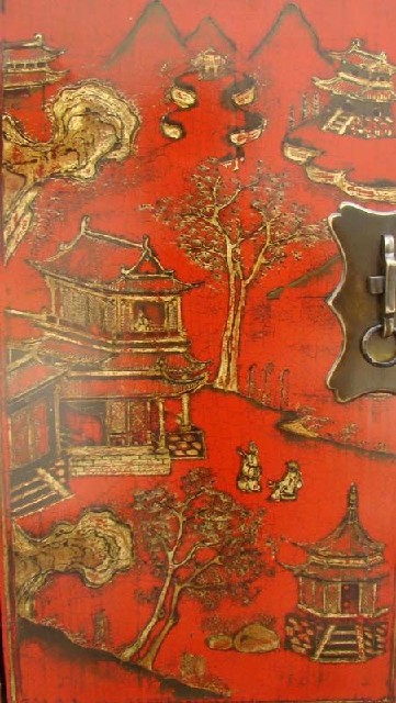 紅描金連二柜工廠|red depicting a color small siamese chest with two gates