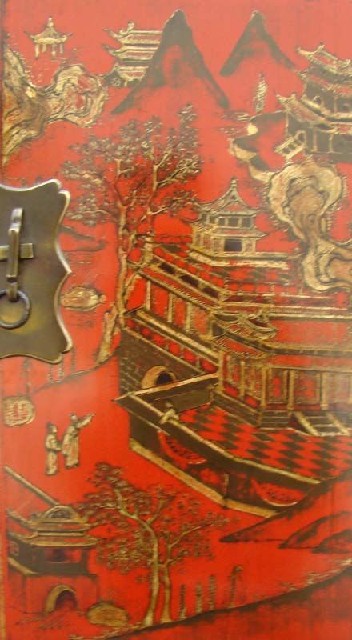 紅描金連二柜工廠|red depicting a color small siamese chest with two gates