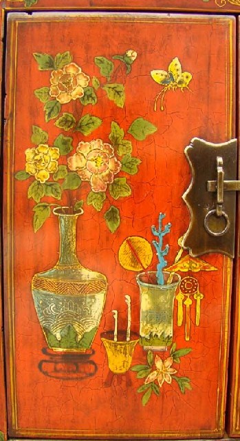紅描彩二門(mén)柜工廠|red depicting a color chest with two gates