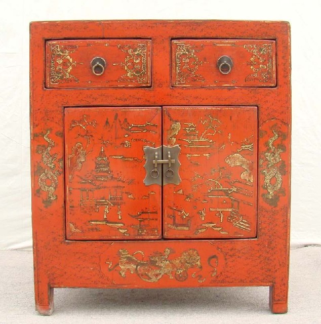 紅描金二抽二門小柜工廠|red depicting a color small chest with two gates and two drawers