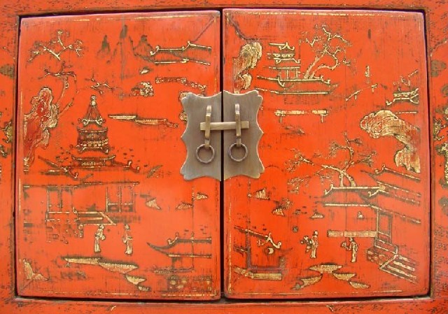 紅描金二抽二門小柜工廠|red depicting a color small chest with two gates and two drawers