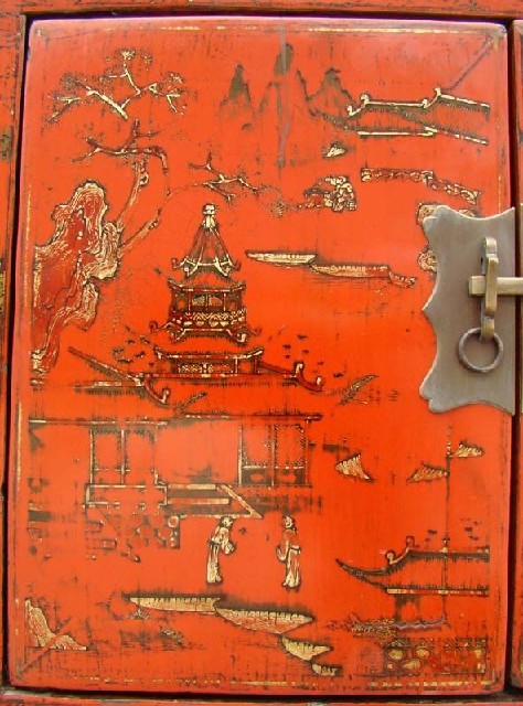 紅描金二抽二門小柜工廠|red depicting a color small chest with two gates and two drawers