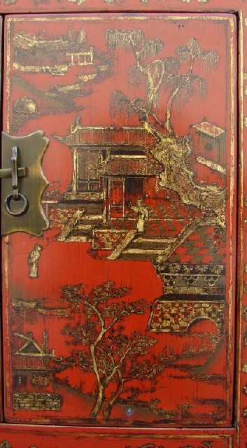 紅描金四門柜工廠|red depicting a color small siamese chest with two gates