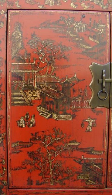 紅描金四門柜工廠|red depicting a color small siamese chest with two gates