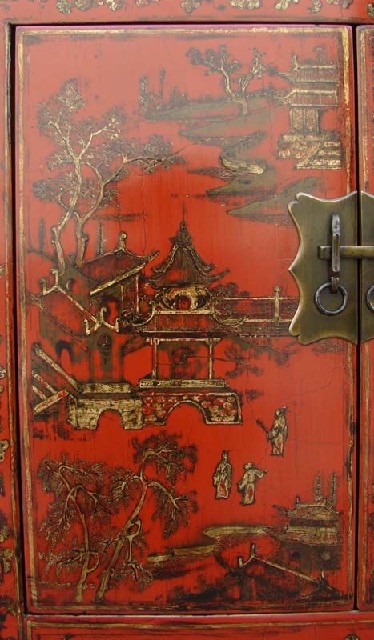 紅描金四門柜工廠|red depicting a color small siamese chest with two gates