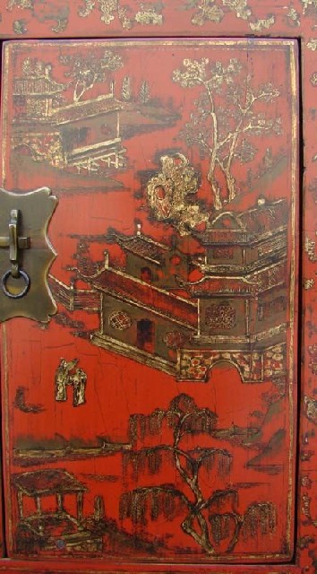 紅描金四門柜工廠|red depicting a color small siamese chest with two gates