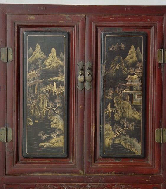 二門描金小柜|Red &gilt small cabinet