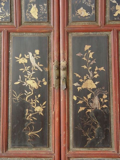 描金二門中柜工廠|Red & gilt medium cabinet
