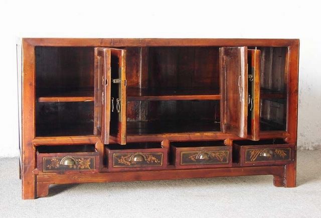四抽四門描金柜|Red & gilt medium cabinet