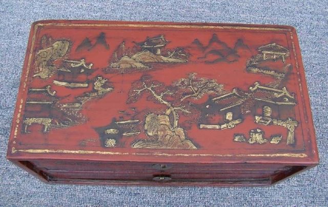 紅描金二抽盒|red depicting a color box with two drawers