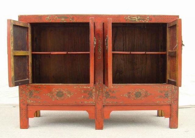 紅描金四門柜工廠|red depicting a color small siamese chest with two gates