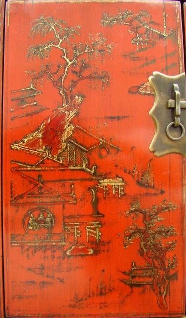 紅描金四門柜工廠|red depicting a color small siamese chest with two gates