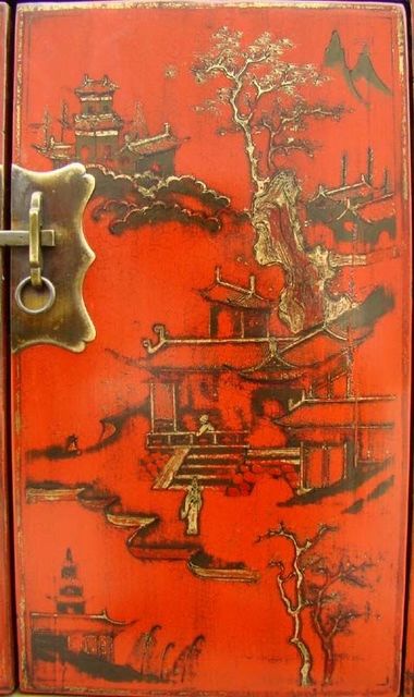 紅描金四門柜工廠|red depicting a color small siamese chest with two gates