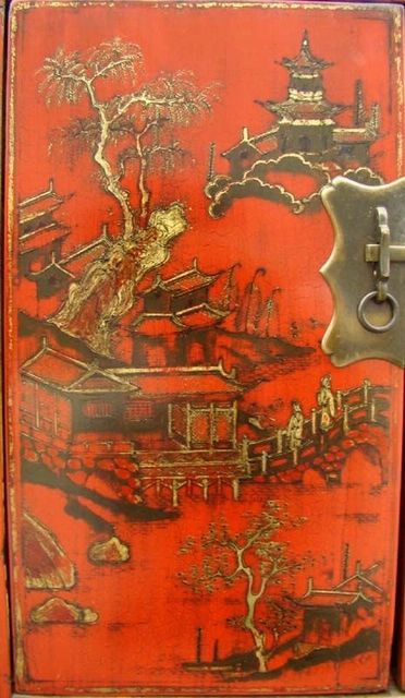 紅描金四門柜工廠|red depicting a color small siamese chest with two gates