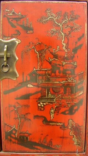 紅描金四門柜工廠|red depicting a color small siamese chest with two gates