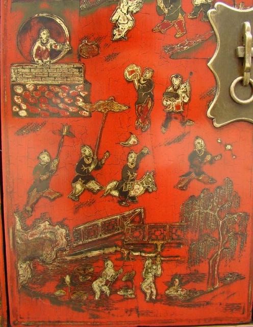 紅描金四門柜工廠|red depicting a color small siamese chest