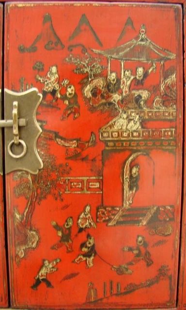 紅描金四門柜工廠|red depicting a color small siamese chest