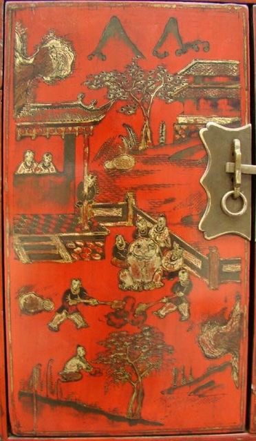 紅描金四門柜工廠|red depicting a color small siamese chest