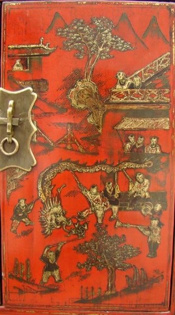 紅描金四門柜工廠|red depicting a color small siamese chest