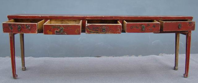 描彩五抽條桌|painted long table