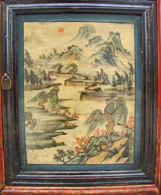 描彩三抽三門柜|painted cabinet