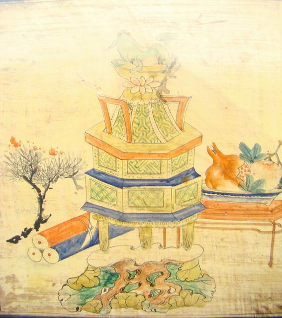 三門描彩柜|Color-painted low cabinet